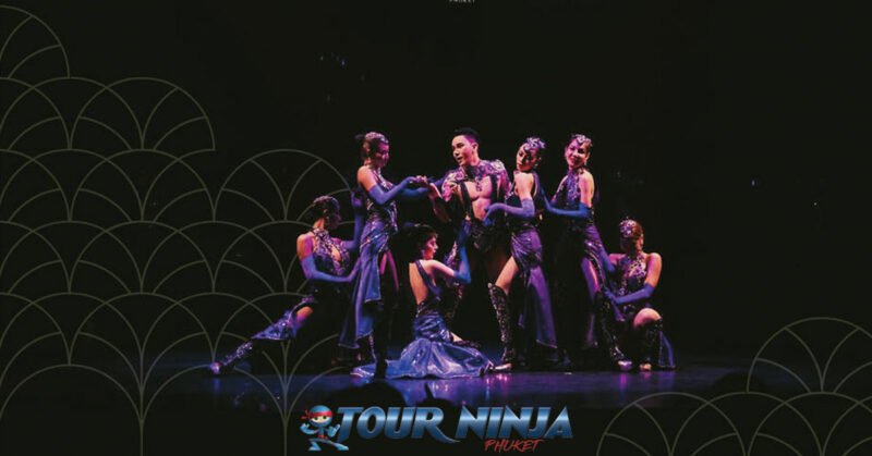 transgender-stage-show-phuket simon cabaret phuket with a group of seven transgender dancers dressed in purple costumes on stage