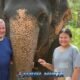 happy father with two children posing in front of elephant at phuket sanctuary park