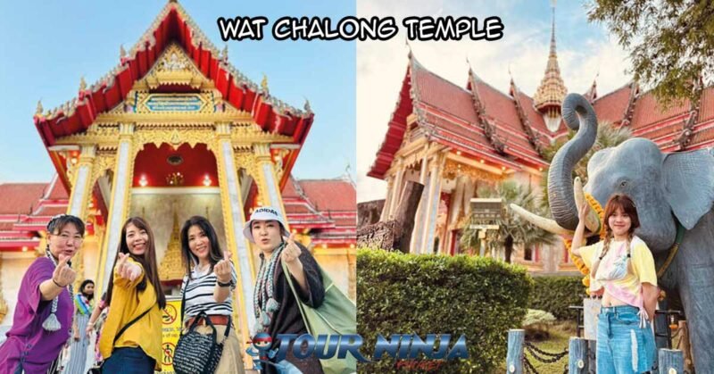 wat-chalong-temple-sightseeing-tour-sb1 city tour visiting wat chalong temple with happy customers posing for photo in front of the entrance to the temple