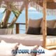 yona sunset terrace cabana beds shown with large comfortable cushions and smaller throw pillows